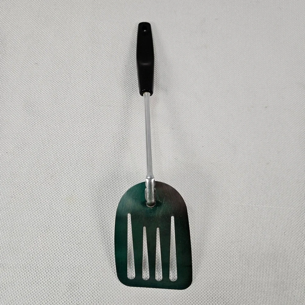 Vintage Foley USA Slotted Spatula Turner Chrome Plated Black Plastic Handle